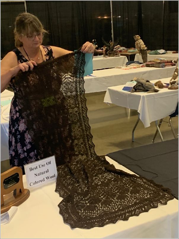 Judge Laura Todd shows Margo Siebenbergens brown lace shawl, awarded Best Use of Natural Colored Wool. Photo: Kristi Gustafson.